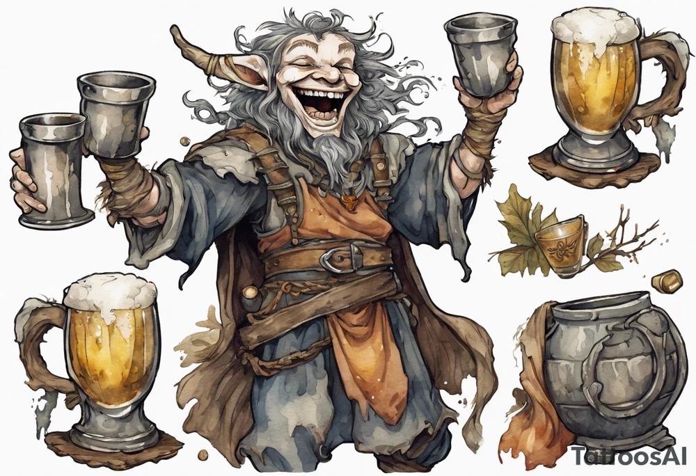 a medieval spriggan wearing a tunic and drinking from a pewter mug of beer in a tavern, laughing tattoo idea