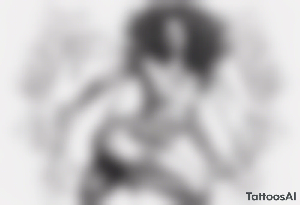 ![Image](file-service://file-28yDVXZtoOR5ZckIvEQ7gtFA)Delicate Black and white tattoo with a woman (entire body) dancing. showing that a lion (only head) is shadowing her. Use triangles and dot work. tattoo idea