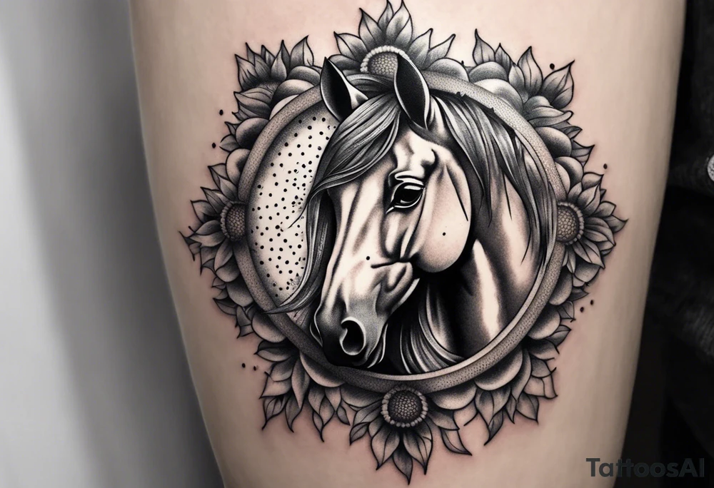 Horse, compass, sunflower tattoo idea