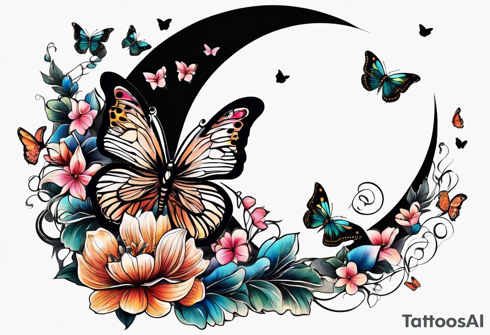 Half moon decorated with butterflies tattoo idea
