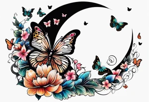 Half moon decorated with butterflies tattoo idea