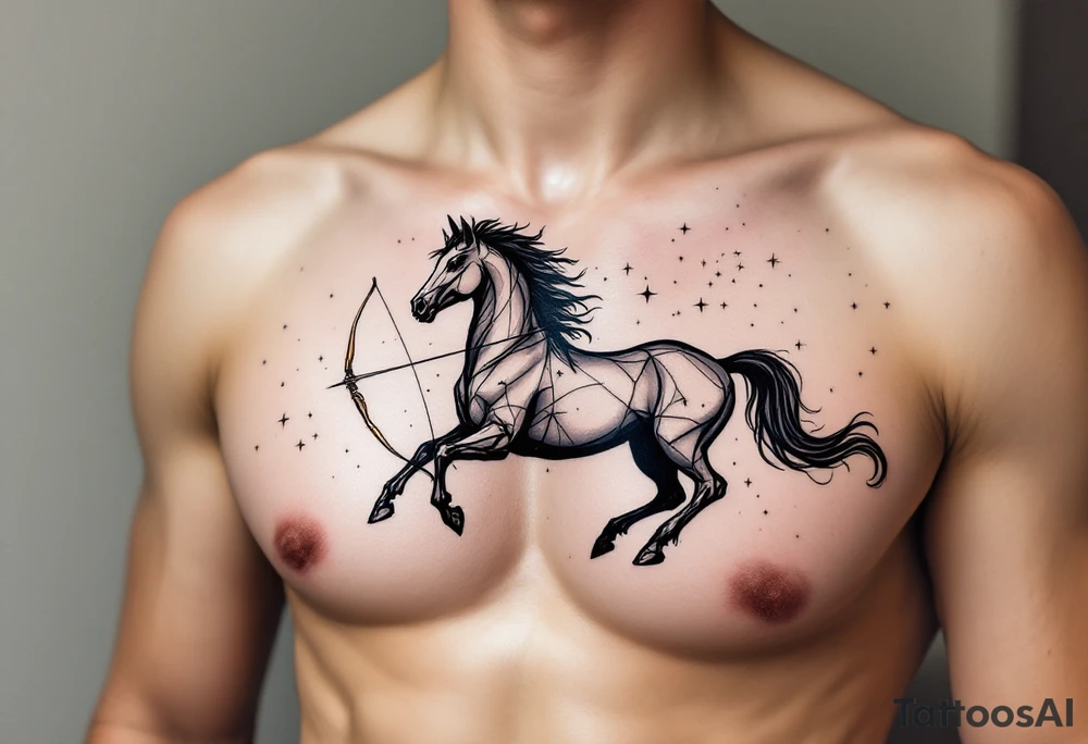 A half-human, half-horse centaur silhouette holding a bow, with the Sagittarius stars constellation in metallic white across the chest. tattoo idea