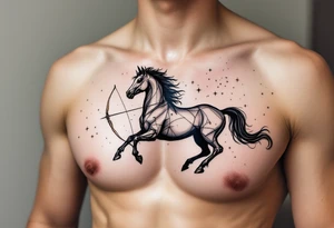 A half-human, half-horse centaur silhouette holding a bow, with the Sagittarius stars constellation in metallic white across the chest. tattoo idea