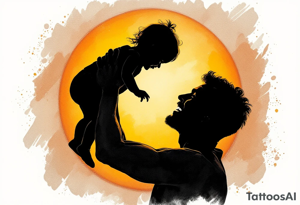 A silhouette of a father holding his baby girl in the air, both smiling, with a soft golden sun backdrop. tattoo idea