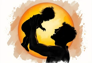 A silhouette of a father holding his baby girl in the air, both smiling, with a soft golden sun backdrop. tattoo idea