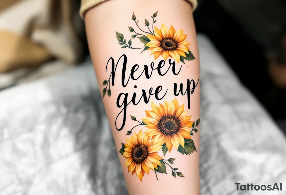 "Never give up" in classic handwritten script, surrounded by sunflowers in golden yellow and green. tattoo idea