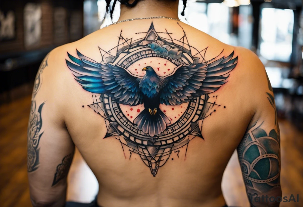 Wide tattoo that appears to be bursting out of the skin, symbolizing freedom. The tattoo should be vibrant and dynamic, with bold lines and colors that evoke a sense of liberation and empowerment. Consider incorporating elements such as broken chains, or other symbols of freedom. The tattoo should be visually striking and thought-provoking, inviting the viewer to reflect on the importance of personal freedom. tattoo idea