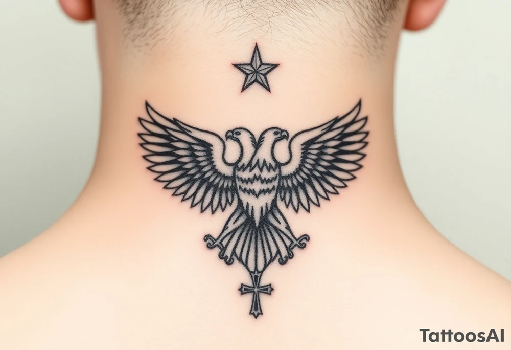 Double-headed eagle outline only (no shading) — suits neck skin which ages differently
Star above, small orthodox cross below tattoo idea