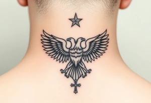 Double-headed eagle outline only (no shading) — suits neck skin which ages differently
Star above, small orthodox cross below tattoo idea