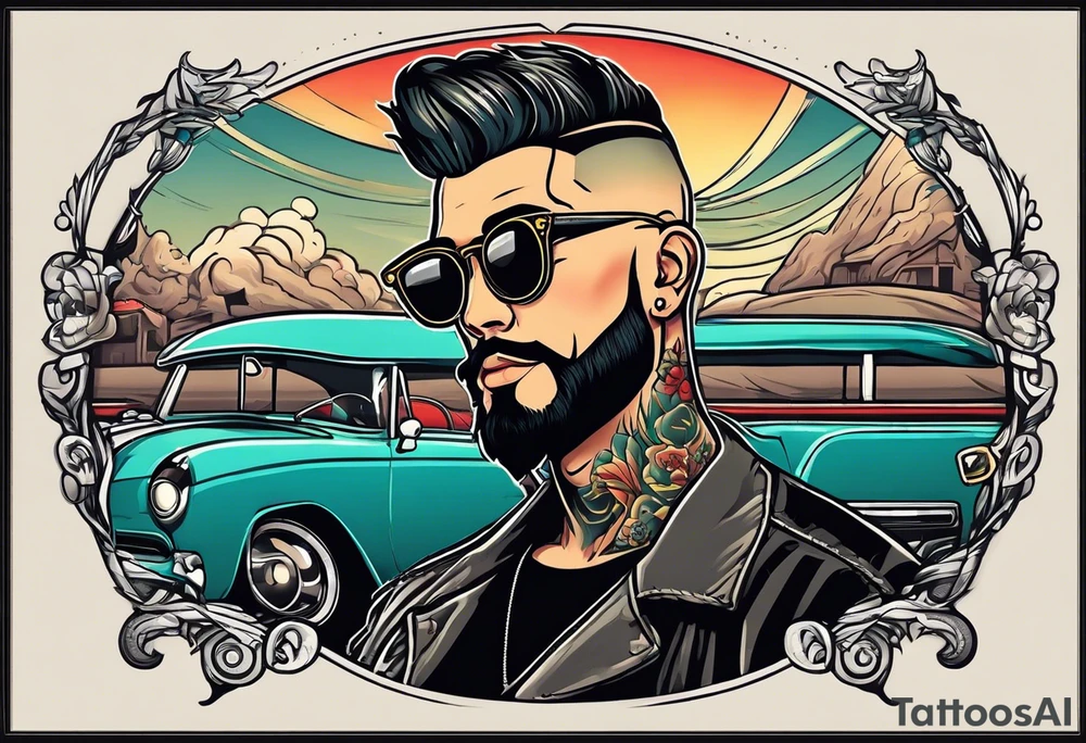 Male, slim oval face, sunken eyes, ray-bans, no hair on sides and pony-tail on top, mechanic tattoo idea