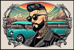 Male, slim oval face, sunken eyes, ray-bans, no hair on sides and pony-tail on top, mechanic tattoo idea