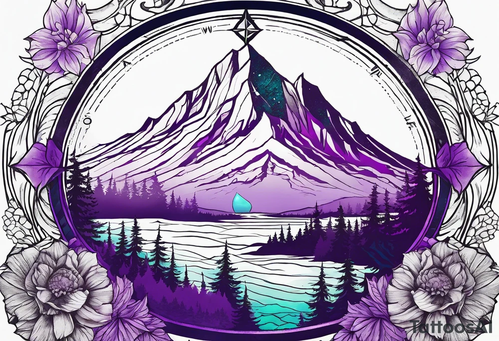 Mountain with a compass rose behind it. Teal and Purple design in front to match the album cover of A Day To Remember's album named Homesick tattoo idea