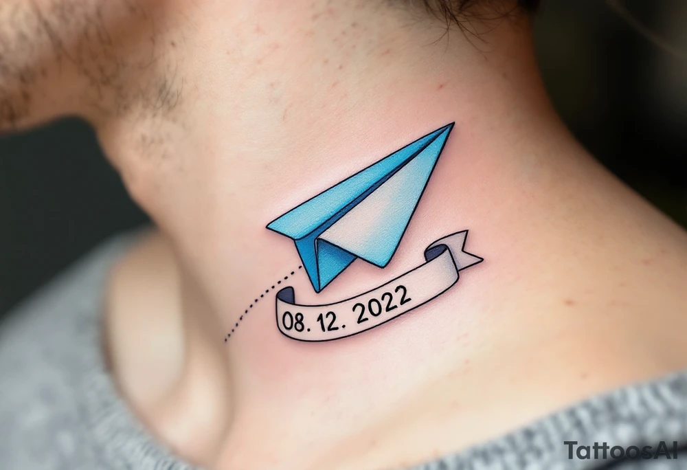 A cartoon-style paper airplane in soft grey and baby blue, trailing a banner with the birthdate 08. 12. 2022. tattoo idea
