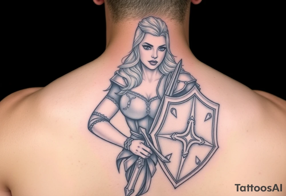 blonde valkyrie with sword and shield -- location calf -- image should show entire body of the valkyrie -- she should have large breasts and beautiful yet tough -- full color, realistic, should have breast armor, less cartoony more realistic, should -- full color-- 
 show her entire body
tattoo located on calf not on back tattoo idea