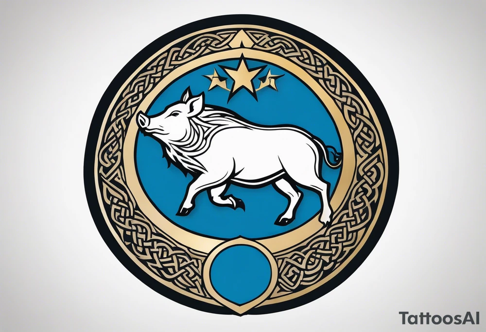 Side profile, Celtic, tribal, wild boar, On a Chatwin family crest with blue background, two gold stars, and a gold Chevron, and a Thistle. With bold black tribal lines. ancient Celtic, tribal boar tattoo idea
