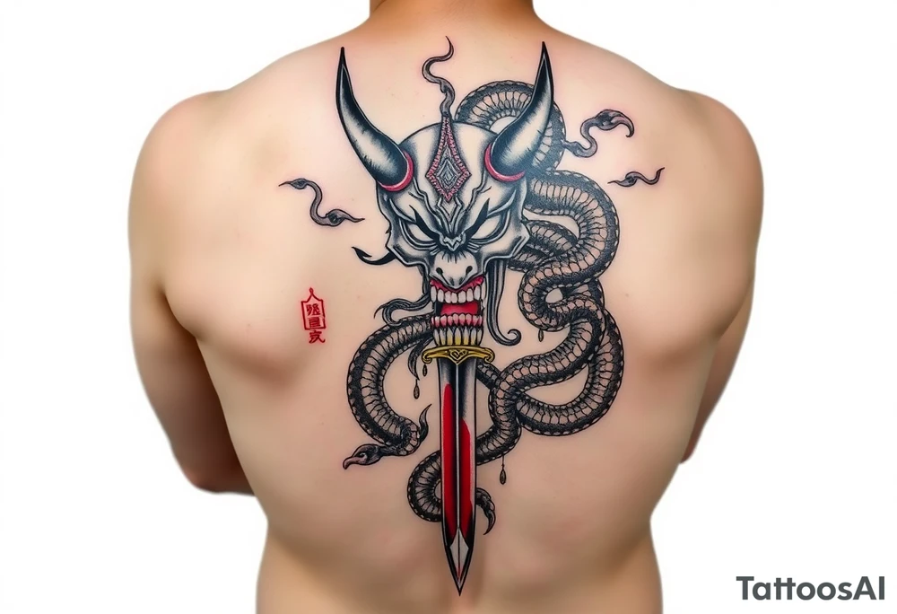 Back Tattoo with An Oni With a broken mask and a Sword, Dragons & snakes tattoo idea