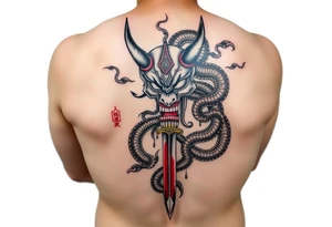 Back Tattoo with An Oni With a broken mask and a Sword, Dragons & snakes tattoo idea