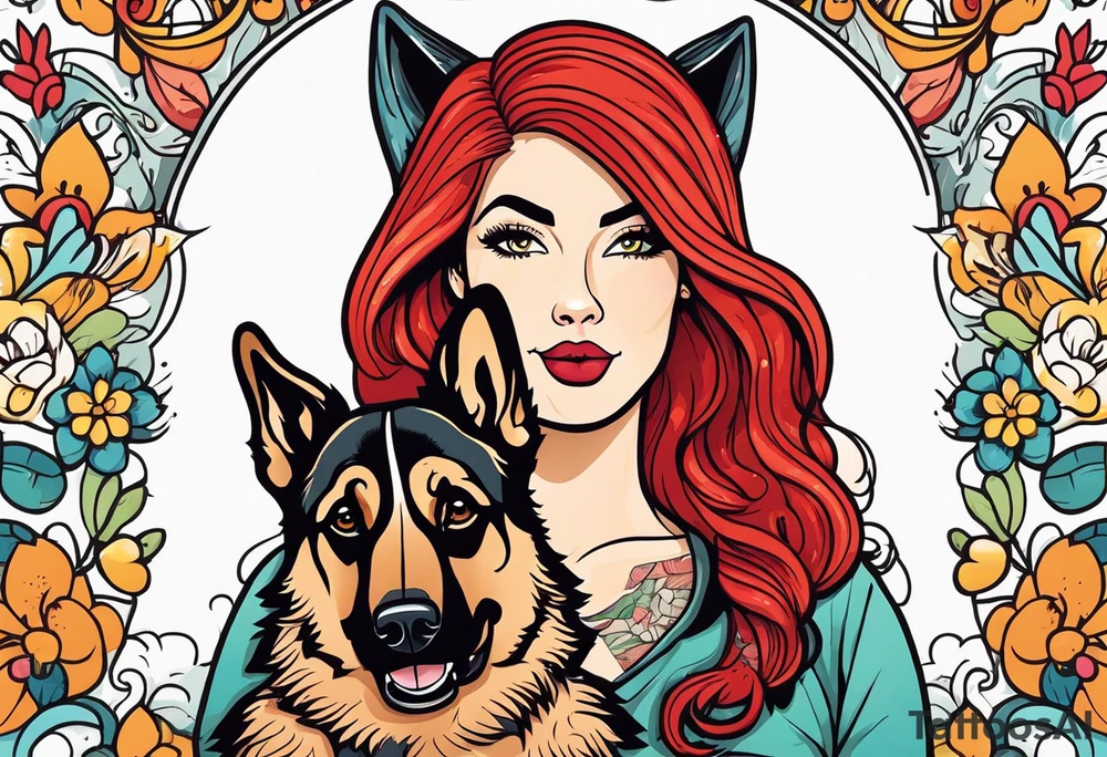 red hair woman with German shepherd dog tattoo idea