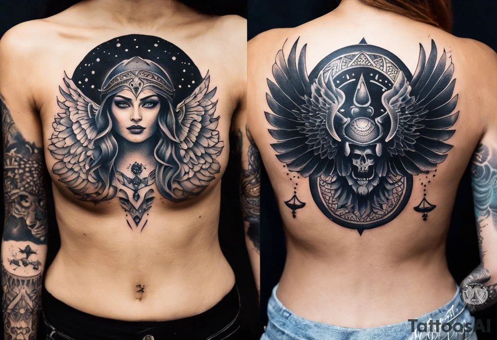 black kali, goddess pirate, alien, angel, pachamama, valkrye, warrior, flying, skull, lotus azul, wing, eagle, zenza resonance, stars, 5D, anahata chakra, death, durga, riding on a tiger, flying lady, chest tatoo tattoo idea