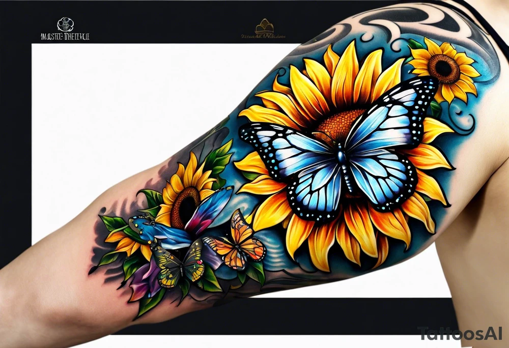 Arm sleeve with Winged cross with sunflower and butterflies tattoo idea