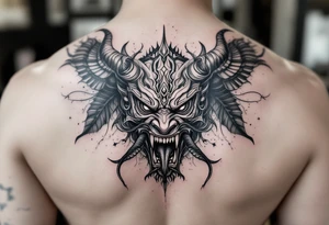 Purépecha style tattoo integrating with oni mask with a snake in its mouth tattoo idea