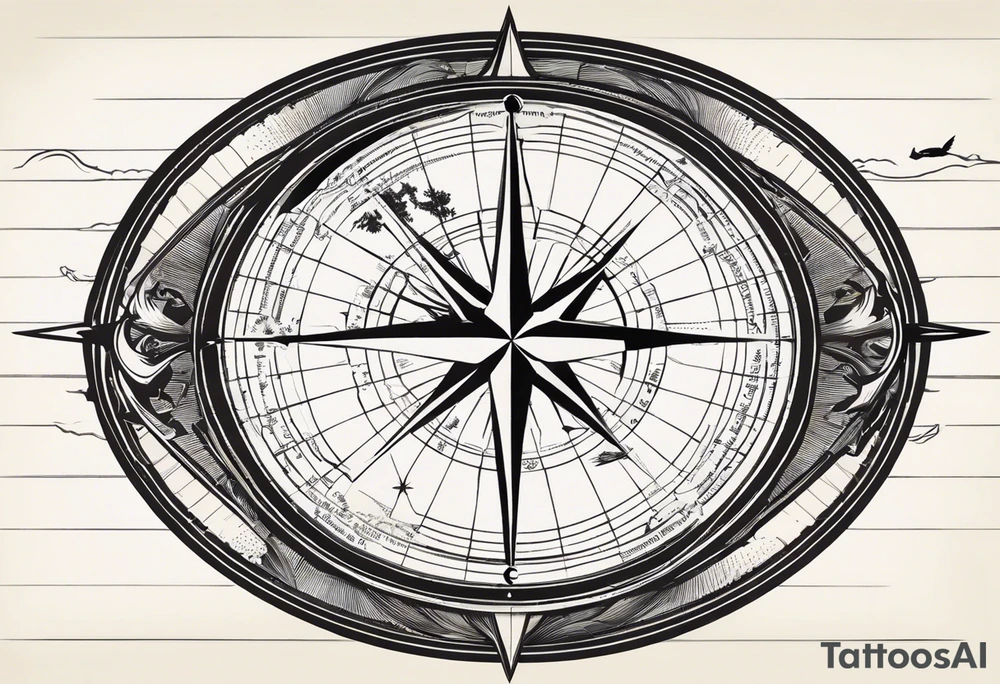 Compass Rose: Positioned on the shoulder with long straight lines radiating outward in all directions.
Lines: Transform into latitude and longitude lines further down the arm, creating a detailed backdrop.
Diver: In the foreground, a diver facing forward, with hands out as if holding a ball.
Silhouette: Instead of a ball, a small scuba diver's silhouette swimming upward between the diver's hands. tattoo idea