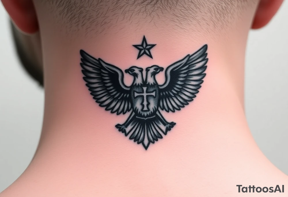 Double-headed eagle outline only (no shading) — suits neck skin which ages differently
Star above, small orthodox cross below tattoo idea