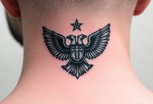 Double-headed eagle outline only (no shading) — suits neck skin which ages differently
Star above, small orthodox cross below tattoo idea