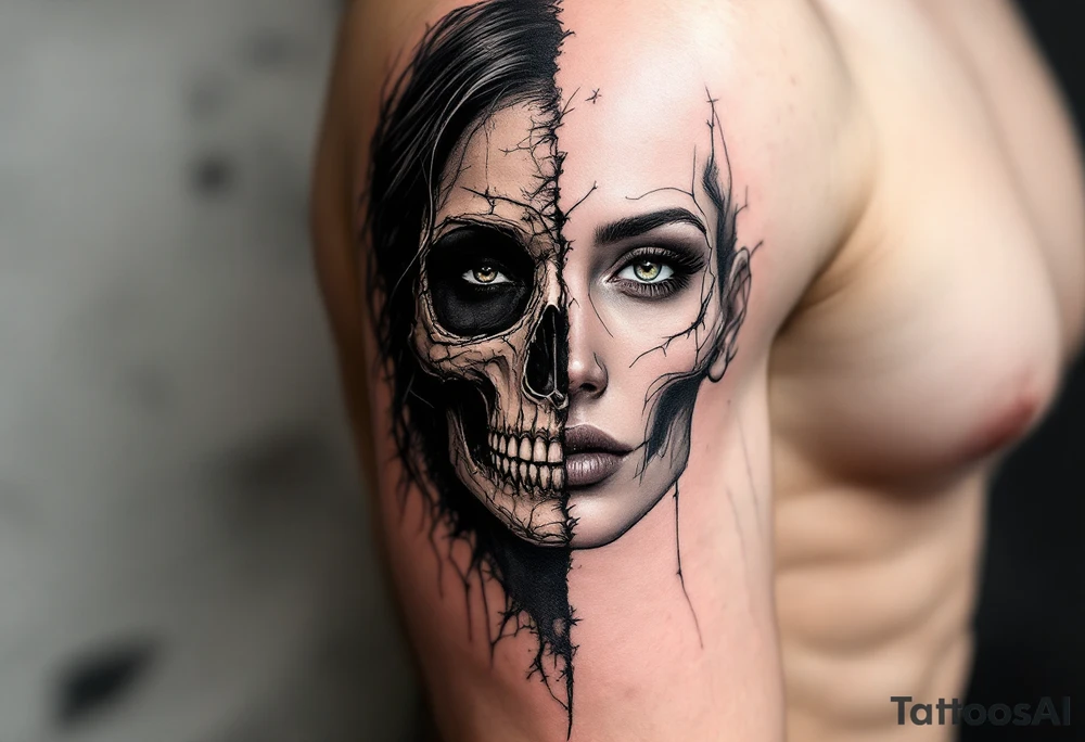 Half female half skull portrait tattoo tattoo idea