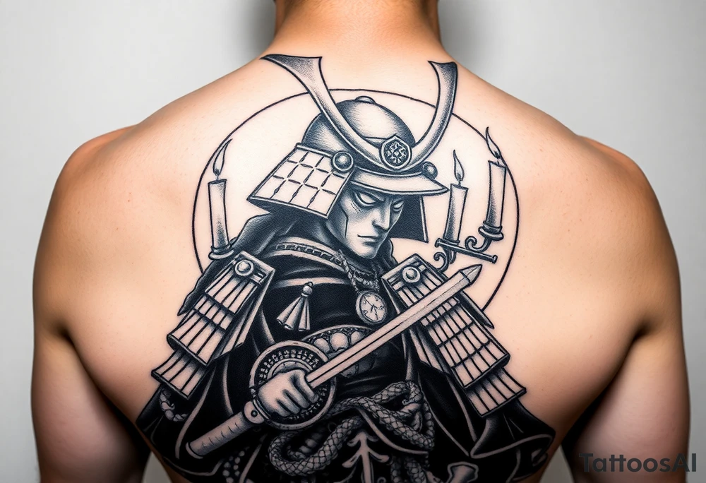 historical dark japan samurai with candles in a cicle all around
on side display tattoo idea