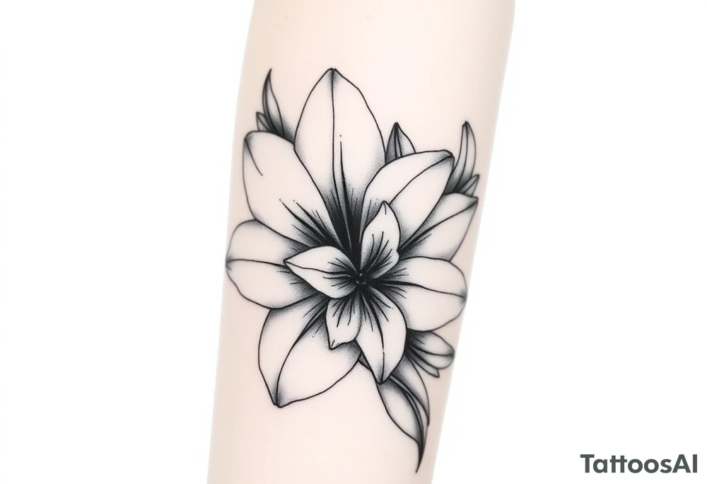 Large Gladiolus flower intwined with a Narcissus flower on the forearm skin tattoo idea