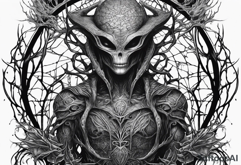 Alien surrounded by spiderwebs and dead trees tattoo idea Alien surrounded by spiderwebs and dead trees tattoo idea