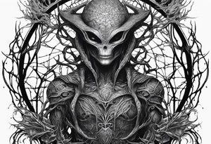 Alien surrounded by spiderwebs and dead trees tattoo idea