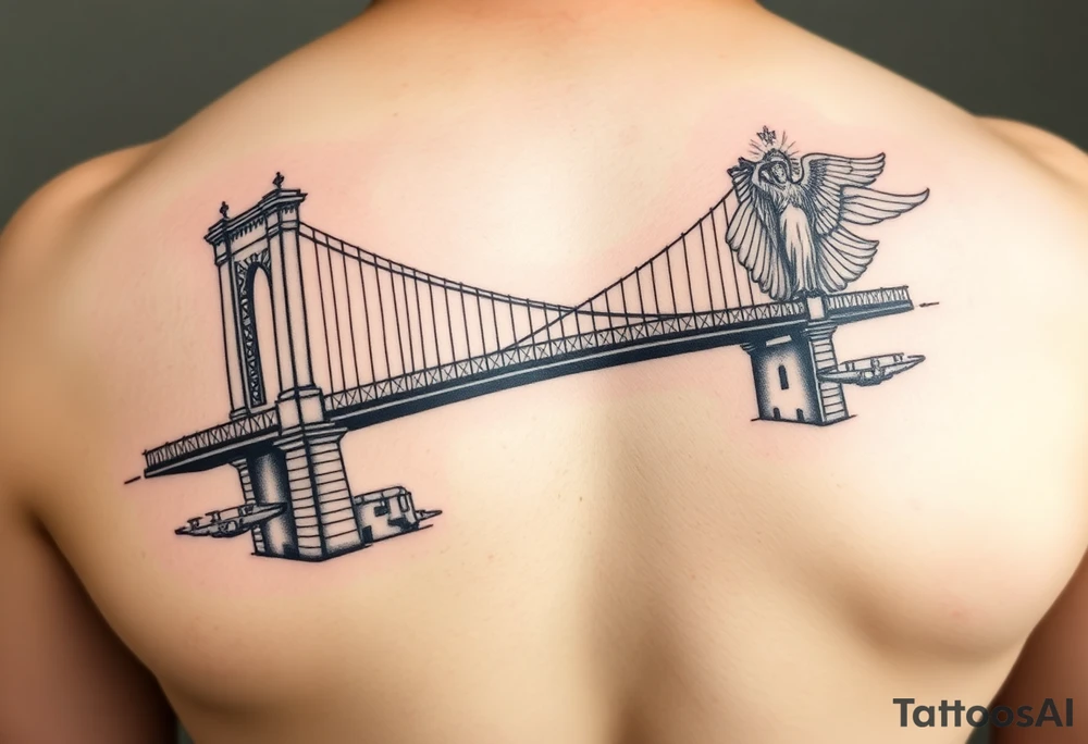 Brooklyn Bridge with full Saint Michael sleeve tattoo idea