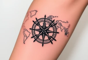 antique compass rose overlaid on weathered world map with sailing ships tattoo idea