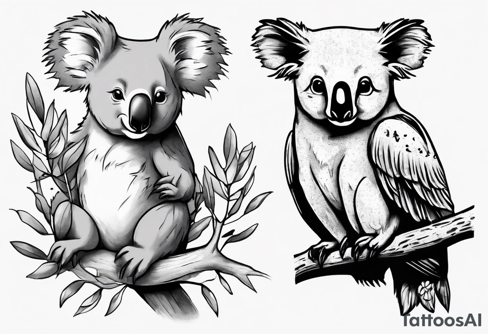 A koala with a kookaburra sitting on a eucalyptus tree tattoo idea
