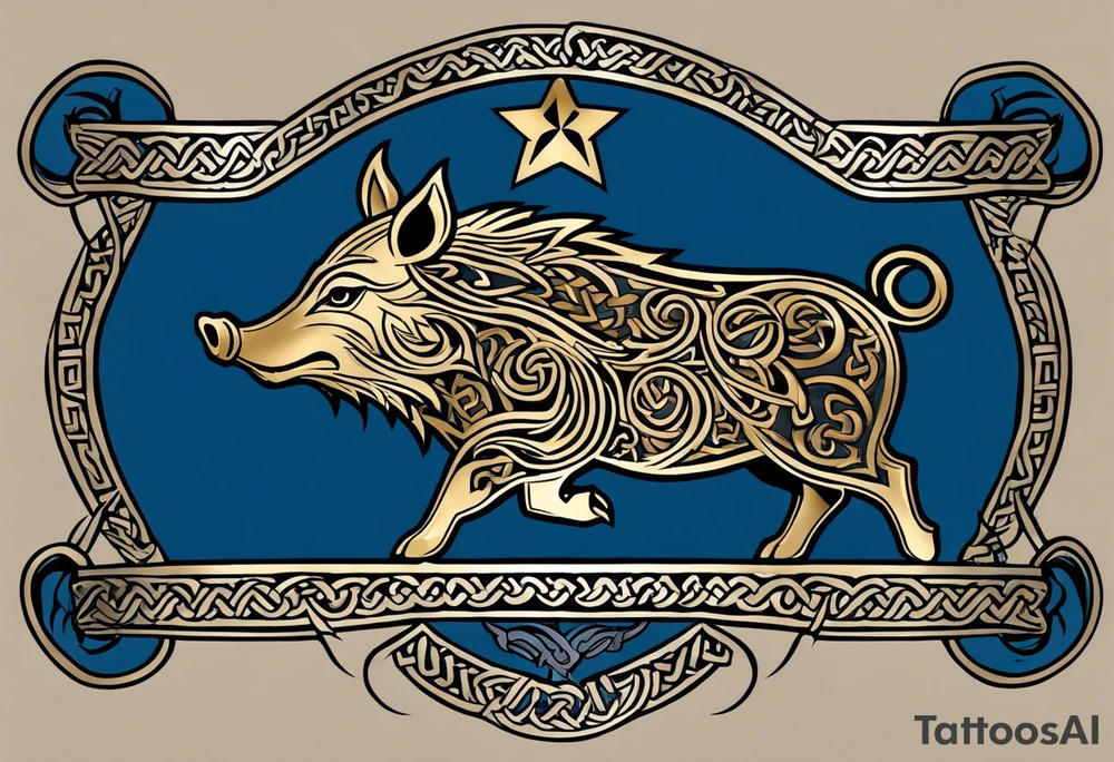 Side profile, Celtic, tribal, wild boar, On a Chatwin family crest with blue background, two gold stars, and a gold Chevron, and a Thistle. With bold black tribal lines. ancient Celtic, tribal boar tattoo idea