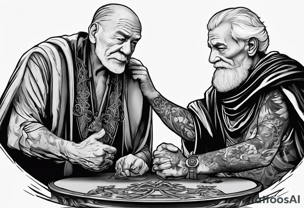 old man in cloak arm wrestling with a skeleton tattoo idea