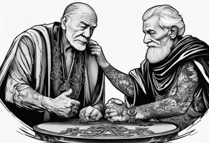 old man in cloak arm wrestling with a skeleton tattoo idea