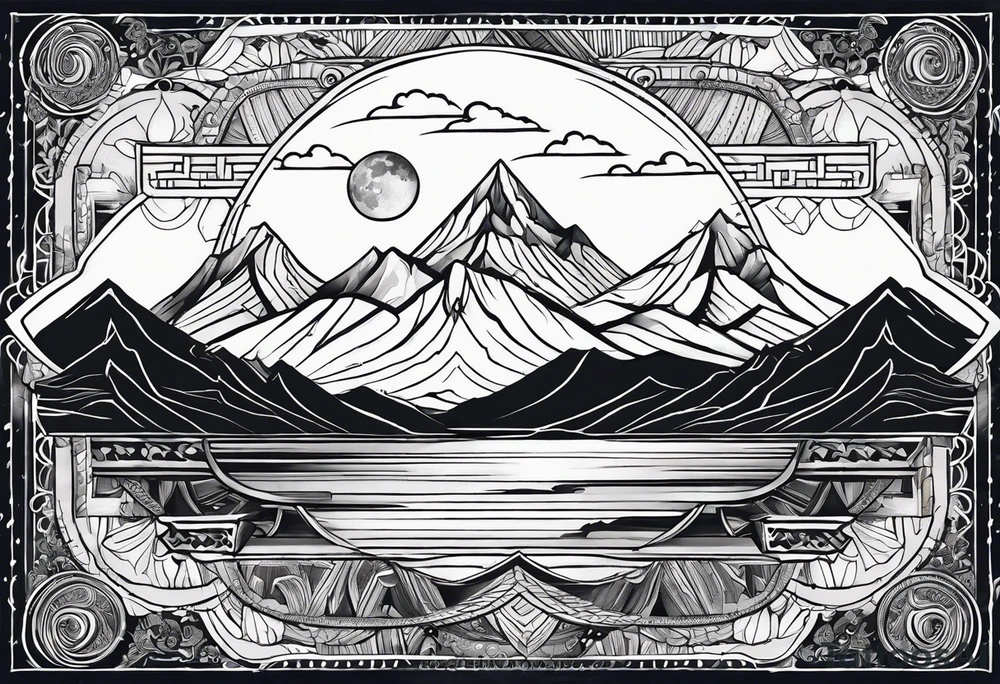 Rectangular arm tattoo around whole upper arm. Mandala inspired Design. Mountains, sea, Sky and moon are depicted. But everything seems to be upside down tattoo idea
