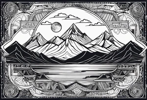 Rectangular arm tattoo around whole upper arm. Mandala inspired Design. Mountains, sea, Sky and moon are depicted. But everything seems to be upside down tattoo idea