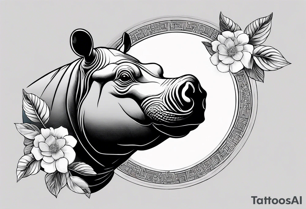 Very asymmetrical, +geometric pattern, with realistic full moon, with seeious looking hippo, +zen feel, + Buddhism touch,
with wintersweet flower bud, +portrait orientation, +inkart touch, tattoo idea