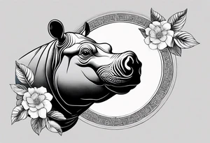 Very asymmetrical, +geometric pattern, with realistic full moon, with seeious looking hippo, +zen feel, + Buddhism touch,
with wintersweet flower bud, +portrait orientation, +inkart touch, tattoo idea