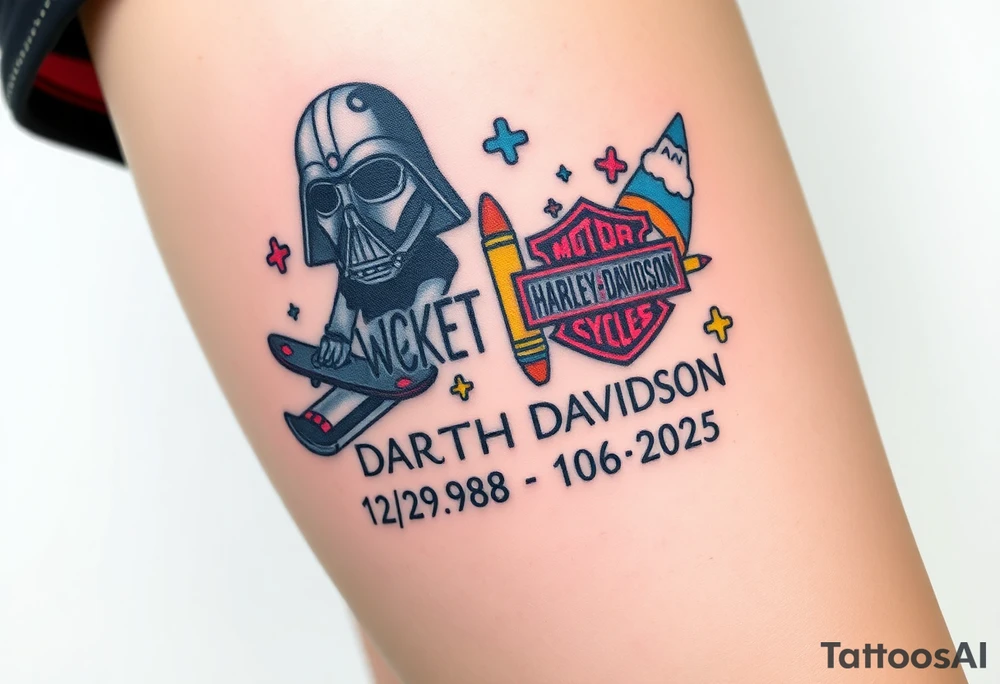 colorful futuristic memory tattoo for passed boyfriend;, star wars, Harley Davidson, skateboarding, puzzle pieces, video games, heaven, god, outdoors, 9mm bullet, words MEMENTO MORI & DARTH CARTER 12/29/88-01/06/2025 tattoo idea