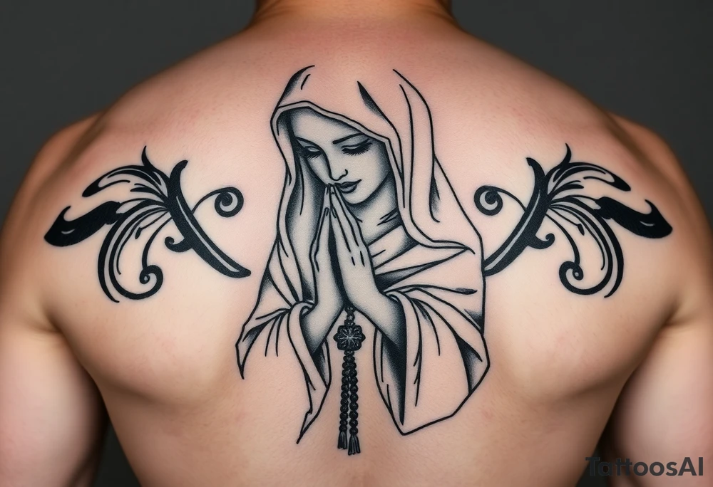Chicano style woman with praying hands and rosary tattoo idea