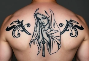 Chicano style woman with praying hands and rosary tattoo idea