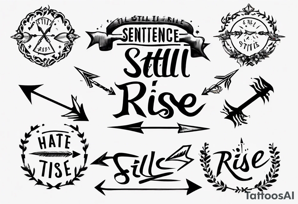 sentence “still I rise” an excellent font with arrow piercing through the letters on each end, thin dotted circle around the tattoo, but the arrows go past the circle tattoo idea