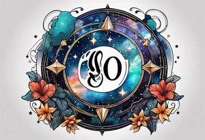 Matter, energy, space and time with an old stone theta symbol with stars in the background and Scorpio constellation tattoo idea