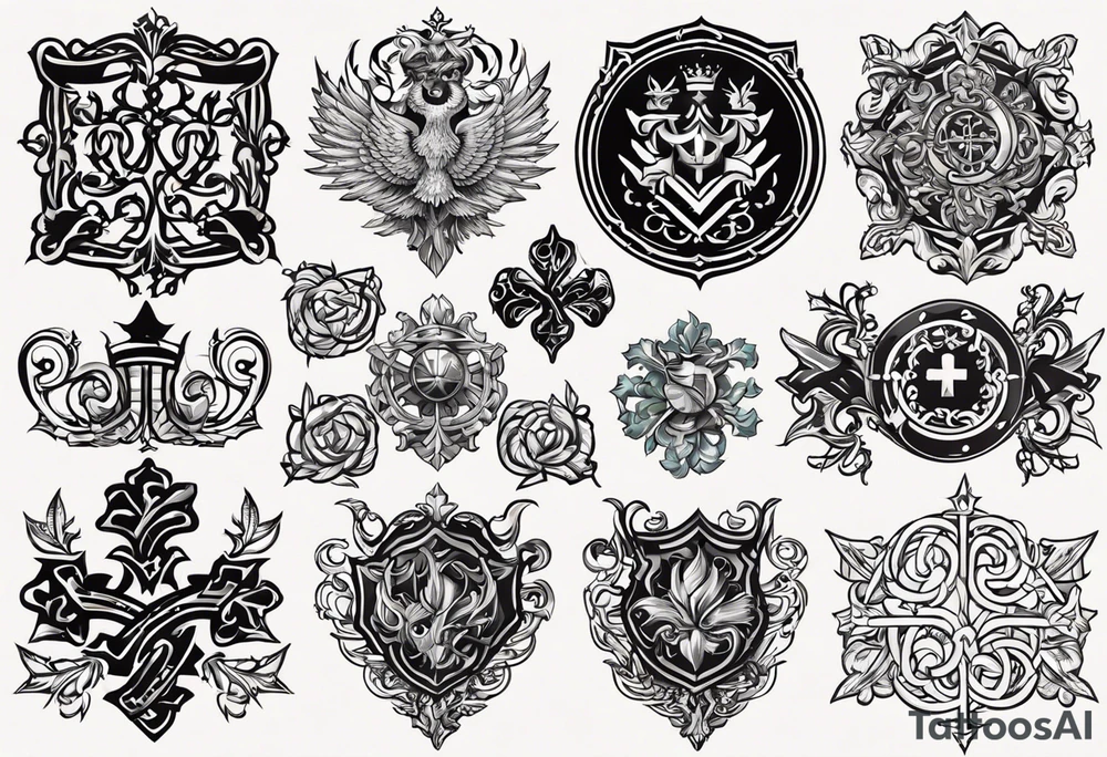 Merge the english, irish, scottish, welsh, german, croatian, serbian, slovak, slovenian, and czech heraldic elements intertwined in a harmonious and elegant manner. tattoo idea.the design should be symmetrical and suitable for a shoulder placement. tattoo idea