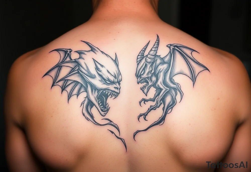 Battle for the souls, good on one side of body and evil on other , internal conflict, inner demons tattoo idea